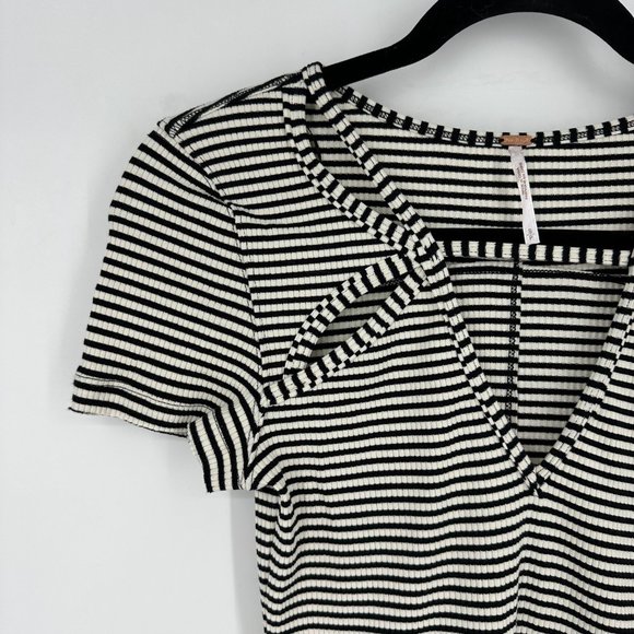 Free People Frenchie Striped Cutout Knit Tee Black/Ivory Small - Picture 3 of 8